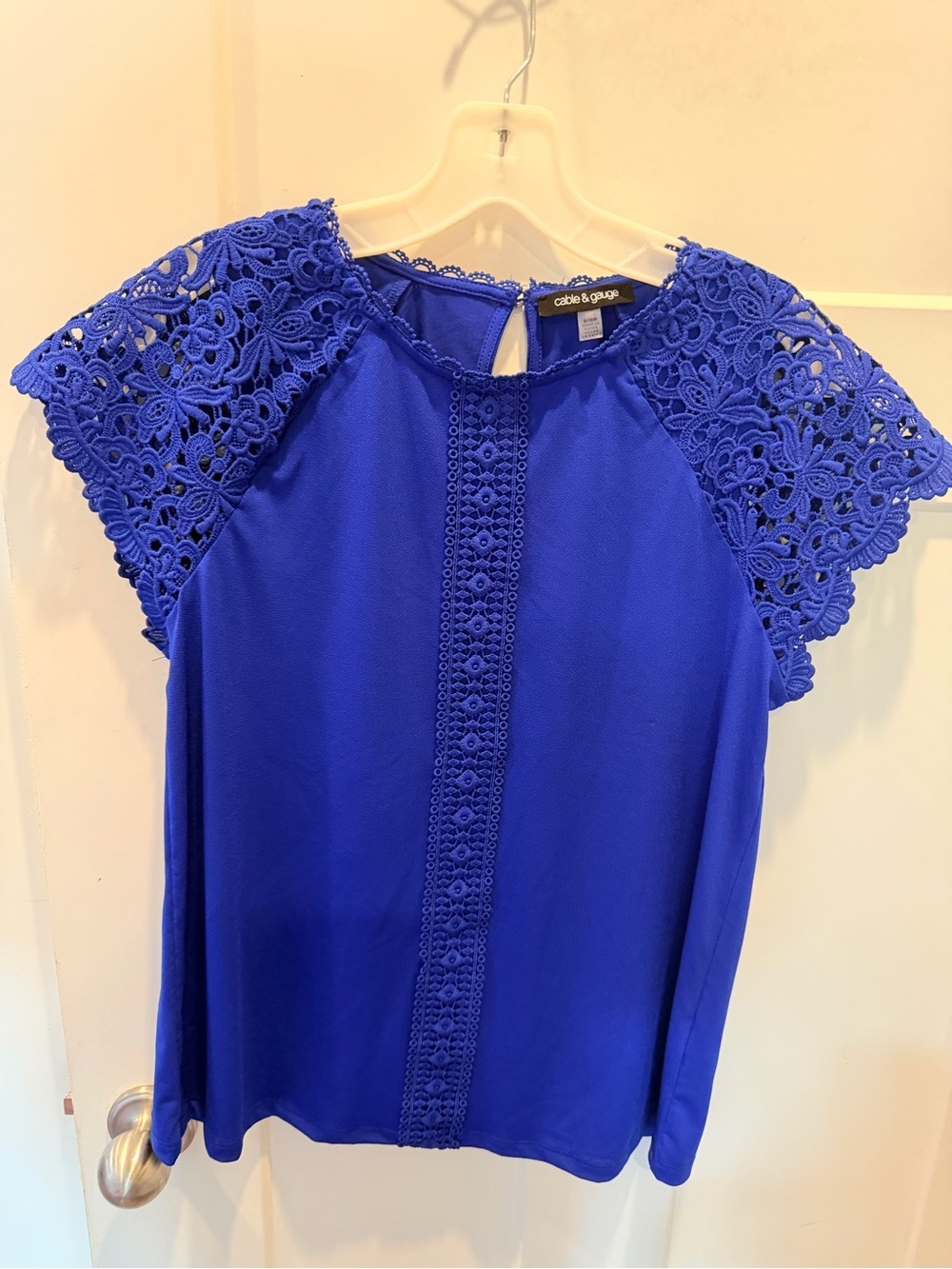 Cable & Gauge Royal Blue Lace Sleeve Blouse Small Crochet Detail Top - Picture 1 of 11